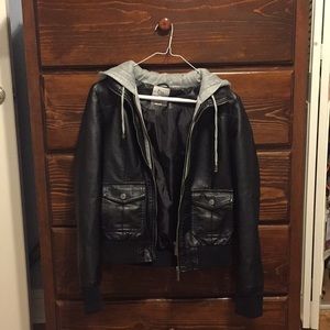 Leather hooded bomber jacket